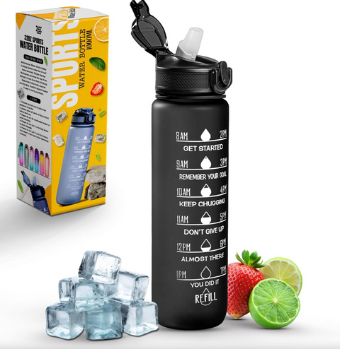 Sports Water Bottle with Straw and Time Marking