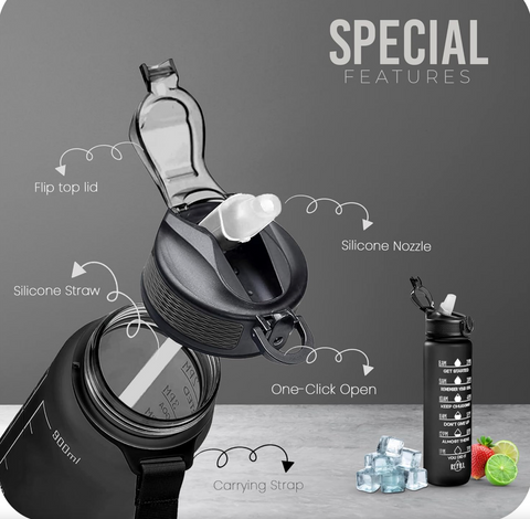 Sports Water Bottle with Straw and Time Marking